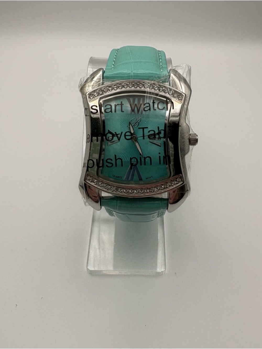 NWT Burgi Aqua Rhinestone Dial Faux‎ Crocodile Band Women's Watch